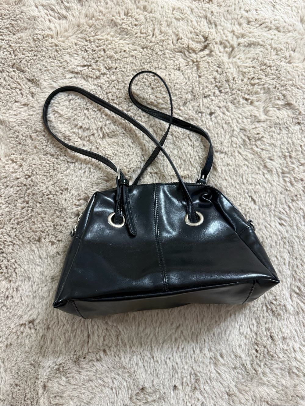 Women's Black Shoulder Bag with Silver-Tone Grommet Accents